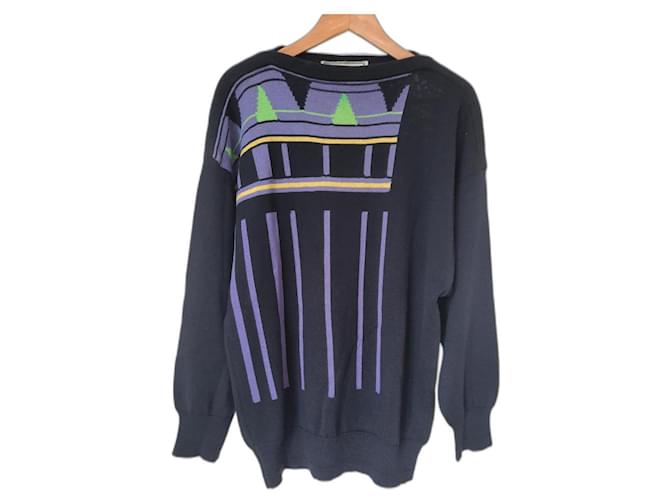 Gianni Versace tricots vintage hommes pull en laine 80S 90S Noir Multicolore  ref.1214756