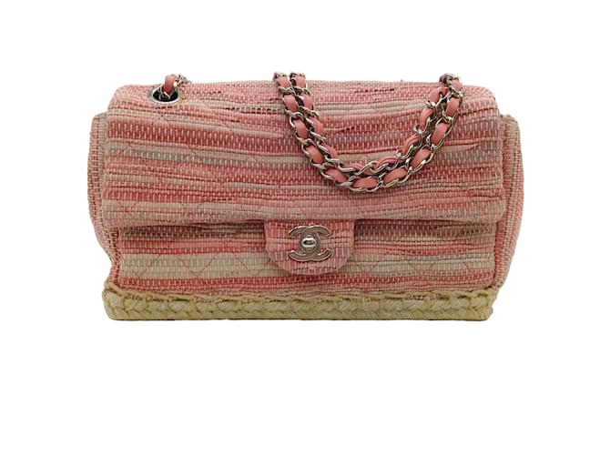 Autre Marque Chanel 2011 Rosa Raffiabast-Espadrille-Tasche mit Überschlag Pink Leinwand  ref.1214977