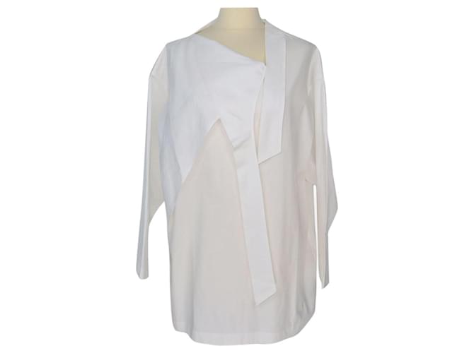 Hermès Top de manga comprida com decote em gravata branca Branco Algodão  ref.1215012