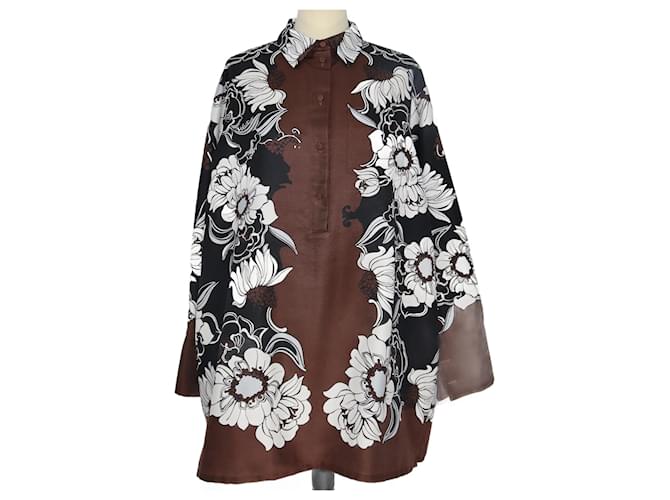 Valentino brown/White Oversized Floral Faille Mini Shirt Dress Silk  ref.1215020