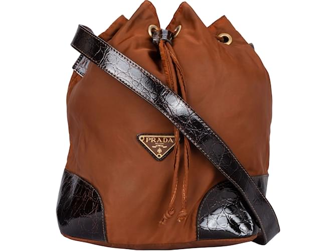 Prada Nylon Croco Optic Old Bucket Crossbody Bag Brown Leather  ref.1215093