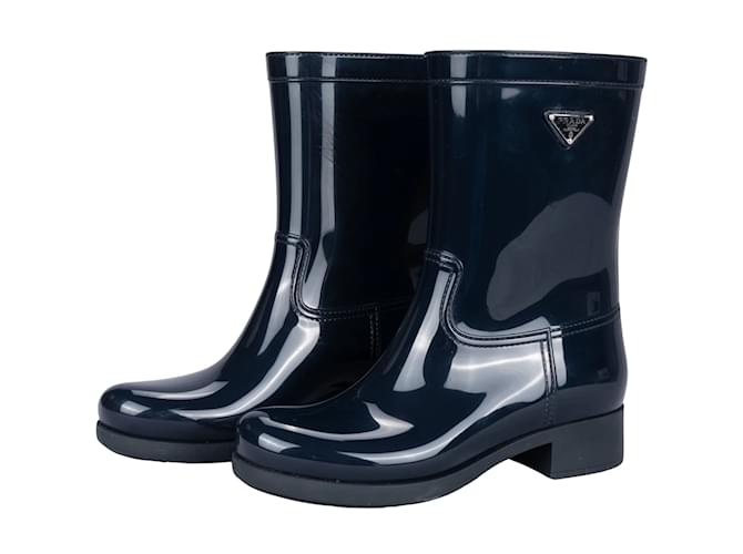 Prada Blue Triangle Women Rain Boots (39) Cloth  ref.1215098