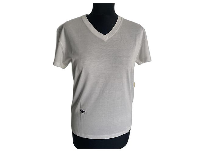 Camiseta Dior branca de algodão com decote em V e bordado de abelha Branco