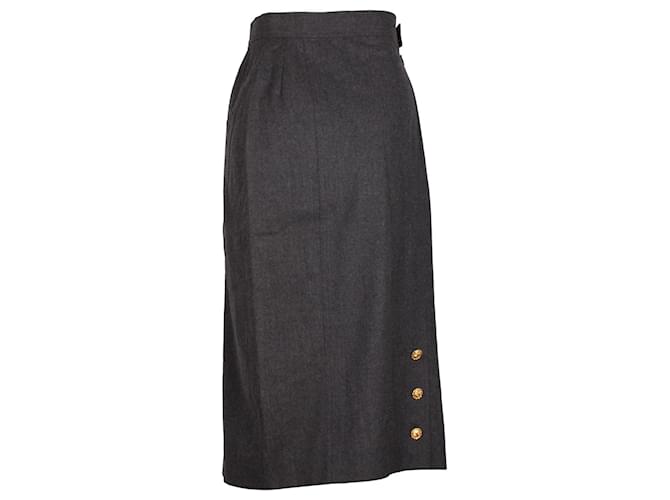 Timeless Chanel Gold Button Midi Skirt in Grey Wool  ref.1215455