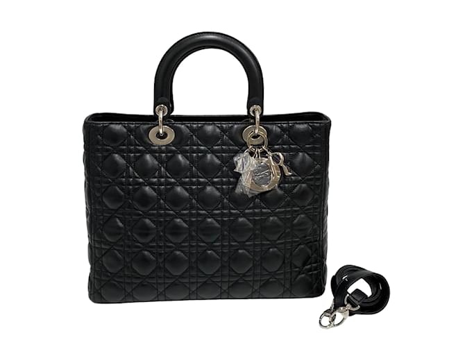 Large Cannage Leather Lady Dior Black Pony-style calfskin  ref.1215481