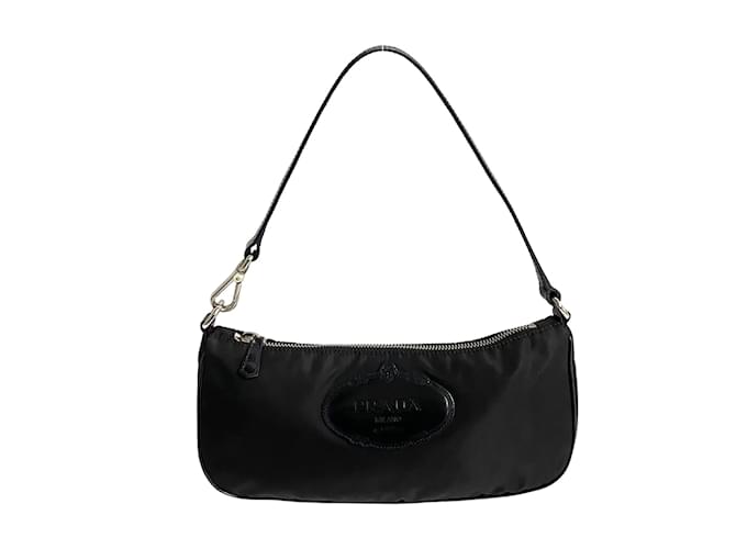 Prada Baguette-Tasche mit Tessuto-Logo Schwarz Leinwand  ref.1215858