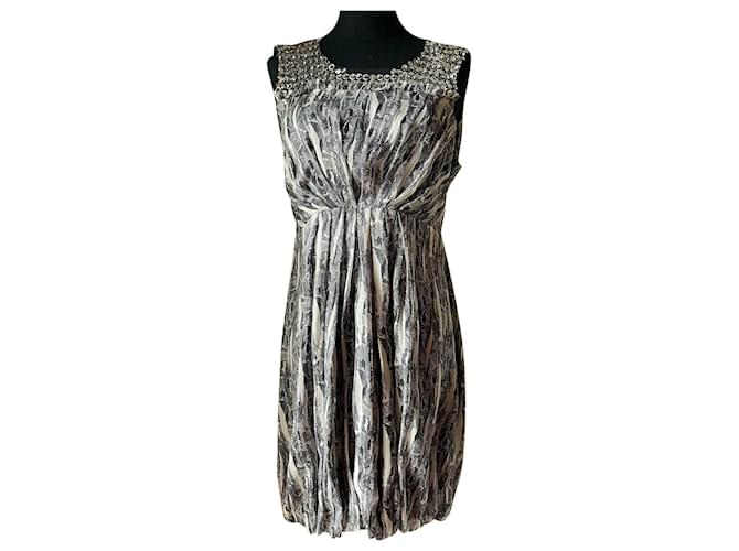 Autre Marque Wunderschönes Kleid von LORNA BOSE aus Seide 100%, grau-weiß-schwarzes Muster  ref.1215907