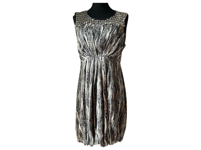 Autre Marque Wunderschönes Kleid von LORNA BOSE aus Seide 100%, grau-weiß-schwarzes Muster