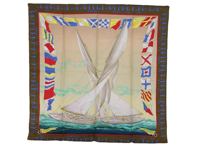 Hermès HERMES CARRE 90 EN COURSE Scarf Silk Khaki Auth 62410  ref.1216002