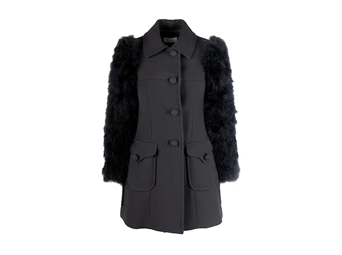Red Valentino Wool Coat with Animal Feather Sleeves Black  ref.1216147