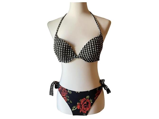 GUESS Bikini mit weißem Oberteil mit Vichy-Karomuster/schwarze und neue florale Slips Mehrfarben  ref.1216191
