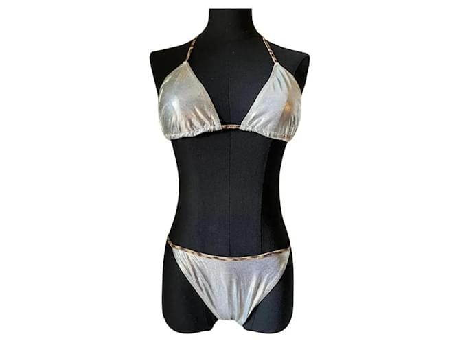 Stunning ROBERTO CAVALLI triangle bikini, silver animalier border Silvery  ref.1216193