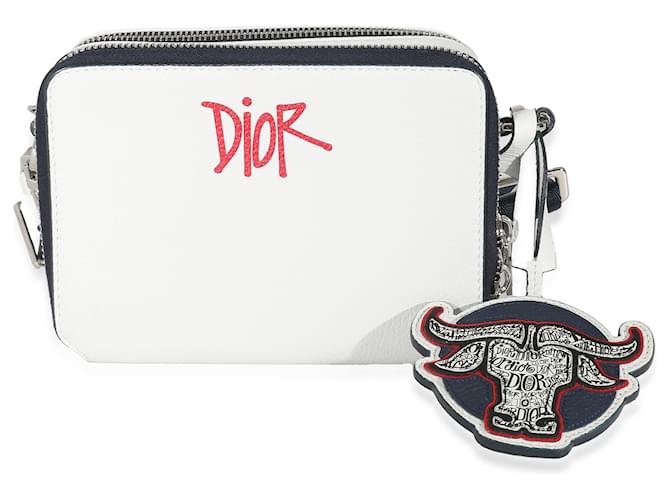 Dior x Shawn Stussy White Grained Calfskin Double Zip Crossbody Pouch Leather  ref.1216231