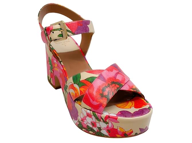 Laurence Dacade Beige / Multi Floral Nadine Platform Sandals Pink Leather  ref.1216294
