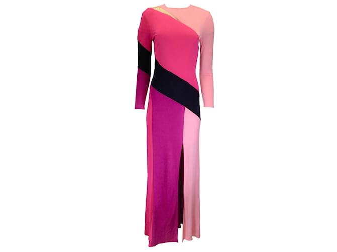 Prabal Gurung Pink / lila / Schwarzes, langärmliges Colorblock-Maxikleid mit Mesh-Detail Mehrfarben Polyester  ref.1216319