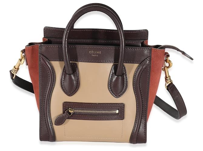Céline Celine Burgundy Beige Brown Tri-Colour Suede Leather Nano Luggage  ref.1216343