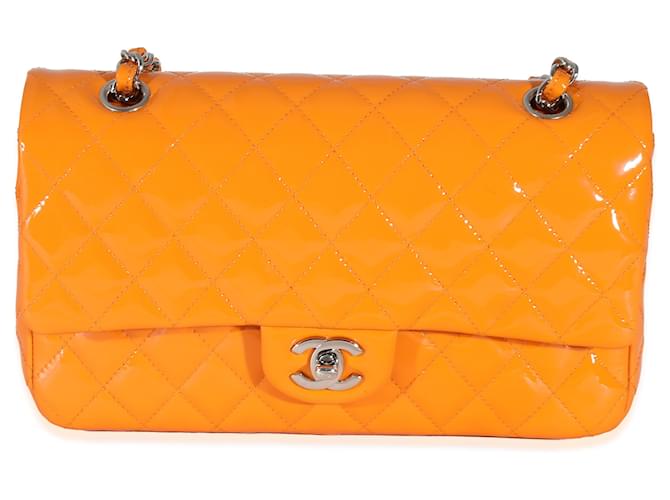 Timeless Chanel Orange Quilted Patent Medium Classic Double Flap Bag Patent leather  ref.1216367