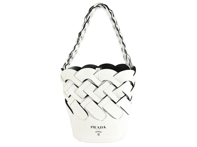 Prada White Vitello Intrecciato Tress Bucket Bag Leather  ref.1216371