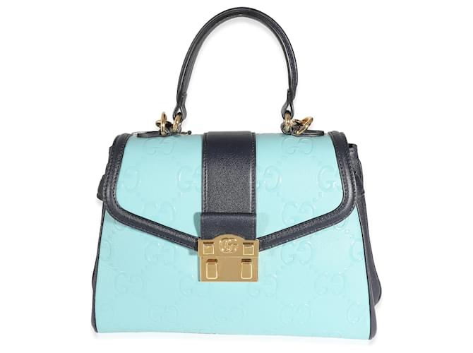 Borsa con manico superiore Gucci Wonka Grain in pelle di vitello blu con monogramma GG  ref.1216451