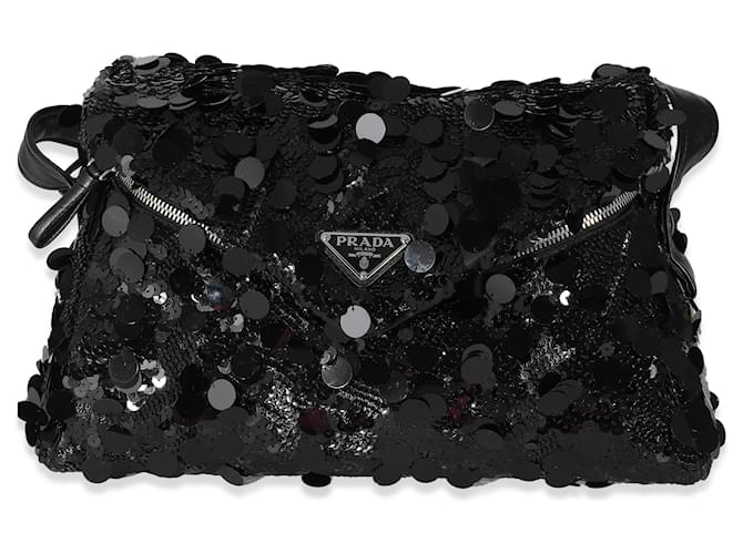 Prada Black Vitello Trimmed Sequin Signaux Paillettes Bag  ref.1216474