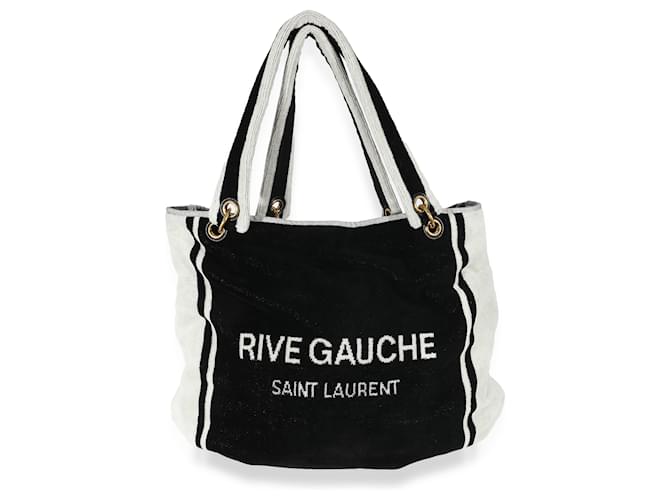 Saint Laurent Rive Gauche Strandtuchtasche aus Frottee in Weiß und Schwarz  ref.1216480