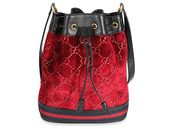 Bolsa balde com monograma Gucci Red Velvet GG Preto Vermelho Azul Couro Veludo  ref.1216556