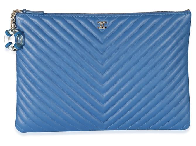 Chanel Blue Quilted Chevron Lambskin Large O Case Leather  ref.1216561
