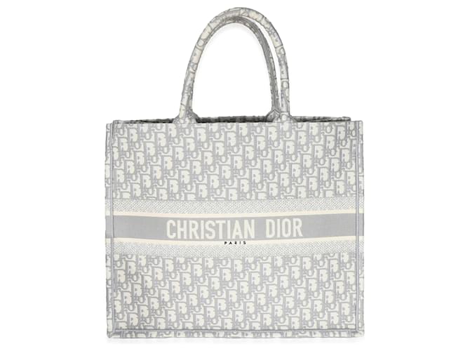 Christian Dior Ecru Cinza Dior Oblíquo Bordado Grande Bolsa Dior Book Bege Lona  ref.1216601