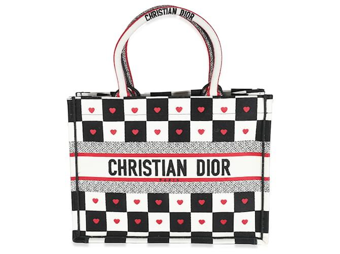 Christian Dior Tricolor Dioramour D Chess Heart Medium Book Tote Black White Red Cloth  ref.1216613
