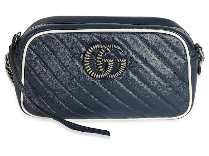 Gucci Bolsa de ombro pequena Torchon GG Marmont em couro matelassê branco marinho Azul  ref.1216701