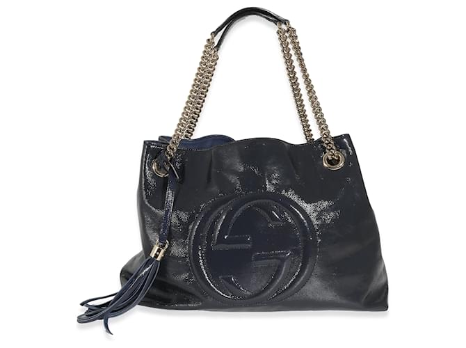 Gucci Navy Soft Patent Soho Disco Chain Tote Blue Leather  ref.1216705