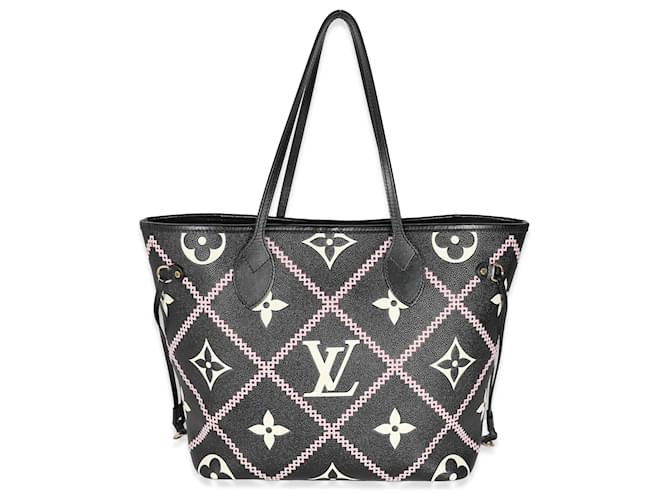 Louis Vuitton Monogramme Noir Empreinte Broderies Neverfull MM Cuir Rose Blanc  ref.1216719