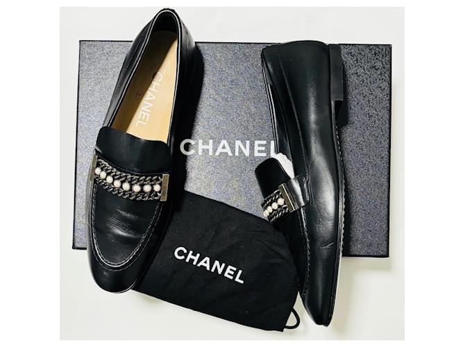 Chanel Faux Pearl Metal Chain Loafers Black Silvery Leather  ref.1216779