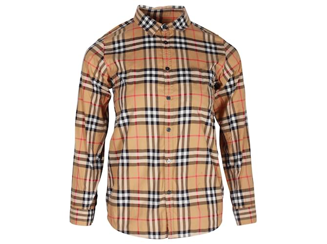Camisa Burberry Owen Check de manga comprida em algodão marrom  ref.1217216