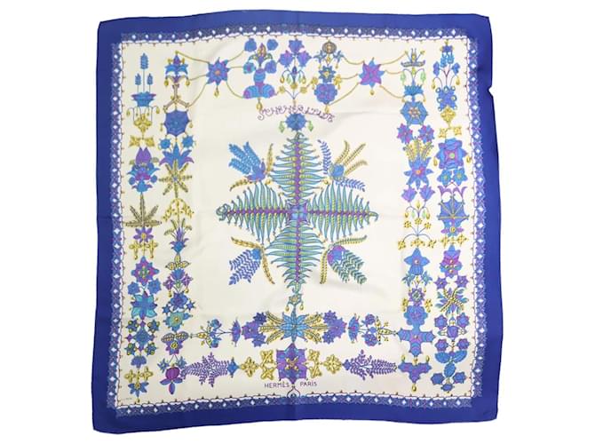 Hermès Lenço floral de seda azul  ref.1217365