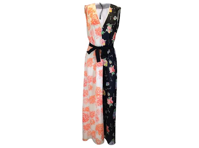 Autre Marque Arias Black Multi Belted Mixed Print V-Neck Gown in Hydrangea / Black Floral Multiple colors Silk  ref.1217870