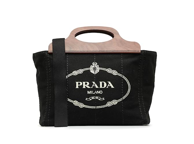 Bolso satchel negro con logo Canapa y mango de madera de Prada Lienzo  ref.1217952