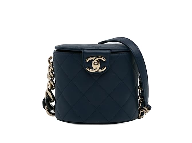 Vanity Blaue Chanel CC Runde Kosmetiktasche Leder  ref.1218010