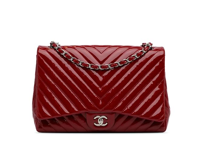 Red Chanel Jumbo Chevron Patent Single Flap Shoulder Bag Leather  ref.1218049