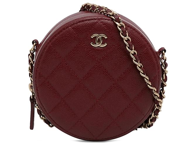 Chanel Red Quilted Caviar Round Clutch With Chain Leather  ref.1218184