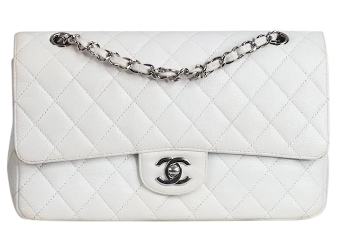 Chanel White 2010 medium caviar Classic double flap bag Leather  ref.1218293