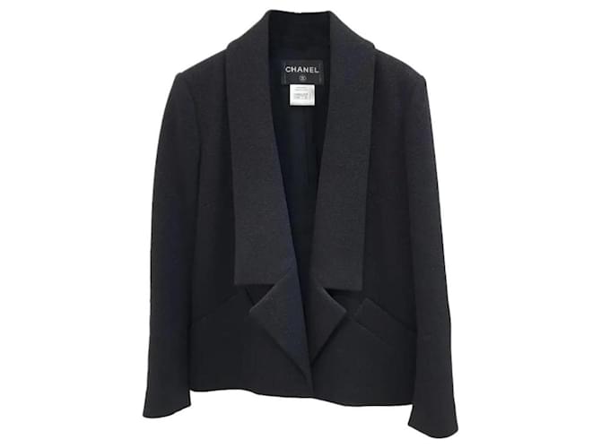 CHANEL Blazer de jaqueta com botão e logotipo CC de lã preta Preto  ref.1218312