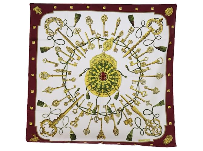 Hermès HERMES CARRE 90 LE Cles Scarf Silk Red White Auth am5303  ref.1218338