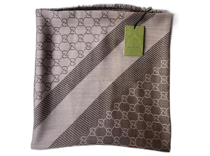 Gucci Monogram shawl Beige Light brown Dark brown Silk Cashmere Wool  ref.1218475