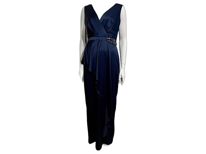 Jenny Packham Wasserfall-Abendkleid mit Strasssteinen Marineblau Polyester Satin  ref.1218645