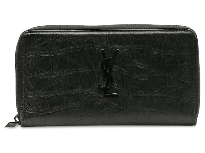Portefeuille long zippé en cuir gaufré noir Saint Laurent Veau façon poulain  ref.1218650