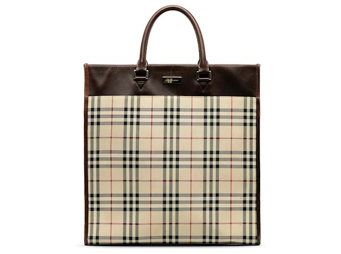 Burberry Brown House Check Tote Beige Leather Cloth Pony-style calfskin Cloth  ref.1218674