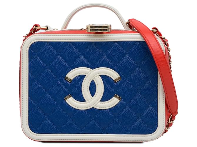 Chanel Blue Medium Caviar Filigree Vanity Case Red Leather  ref.1218677