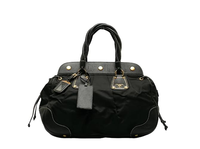 Prada Vitello Daino-Trimmed Tessuto Handbag BN1442 Black Cloth  ref.1218860