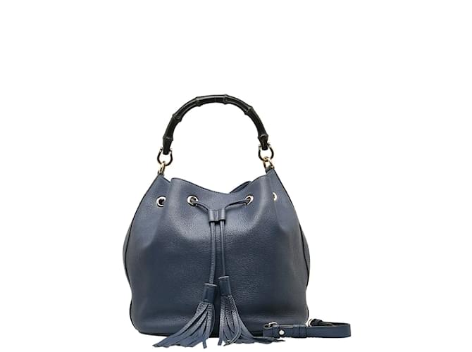 Gucci Bamboo Drawstring Leather Shoulder Bag 387613 Blue Pony-style calfskin  ref.1218863